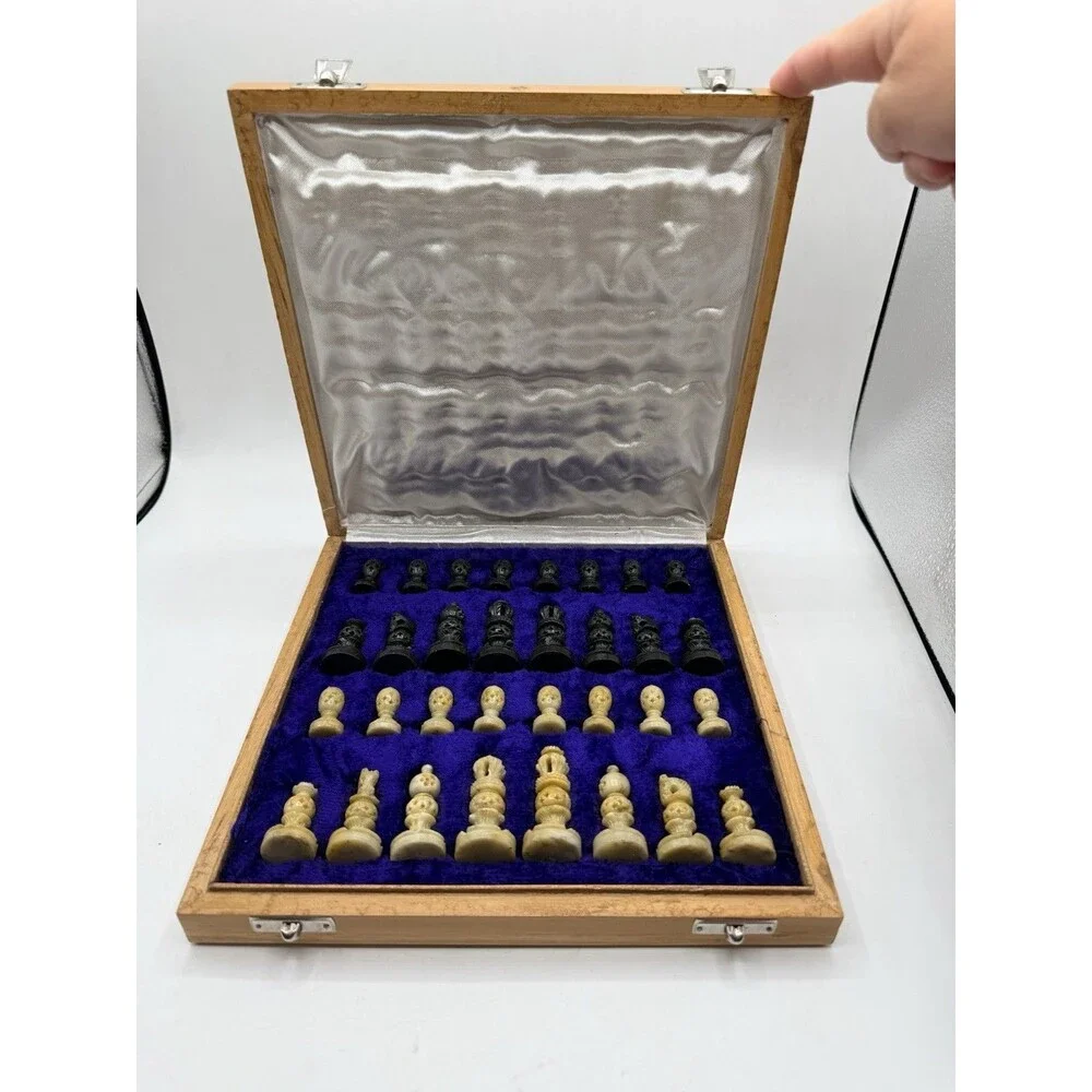Travel Wooden Marble Chess Set Board Game Soapstone / Marble Hand Carved Pieces